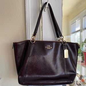 Dark Brown Leather Coach Tote with Gold Trim